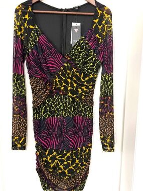 GUESS Y2K Ruched Mesh Animal Print Bodycon Dress Large L  NWT